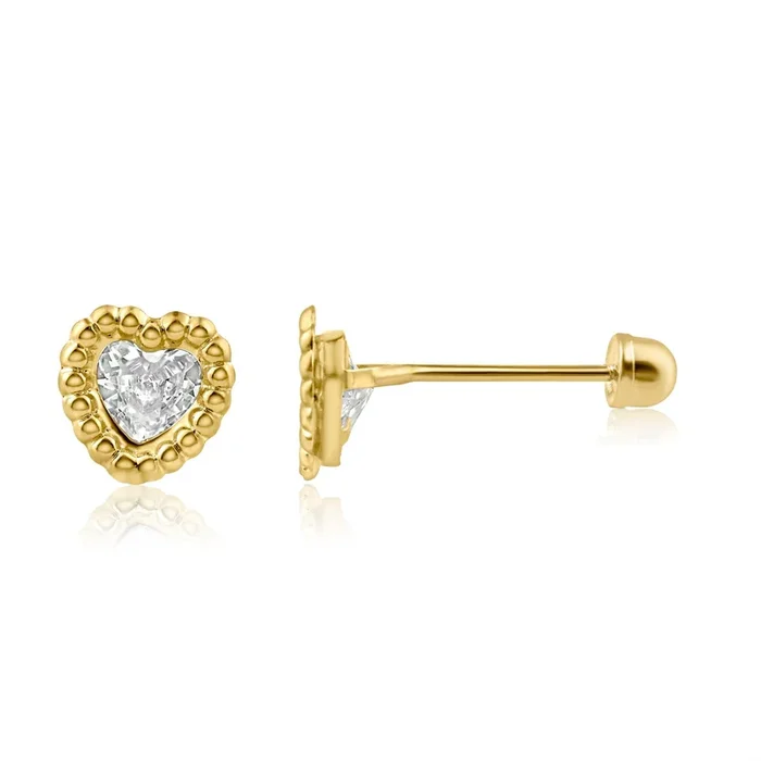 14E00320. – 14 Karat Yellow Gold Beaded Edge Heart Clear CZScrew Back Stud Earring