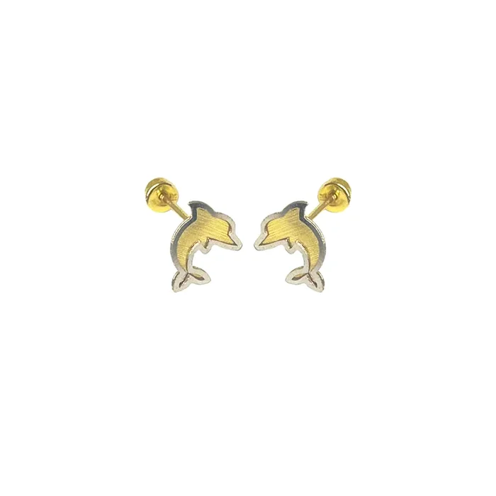 14E00408. – Aretes con rosca de delfín de 2 tonos de 14 quilates