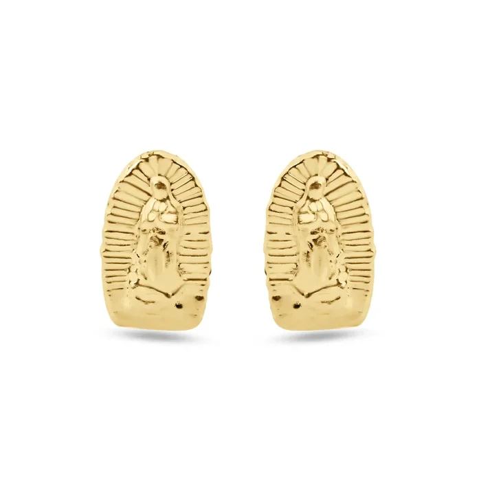 14E00413. – Aretes de oro amarillo de 14 quilates con rosca de Nuestra Señora de Guadalupe