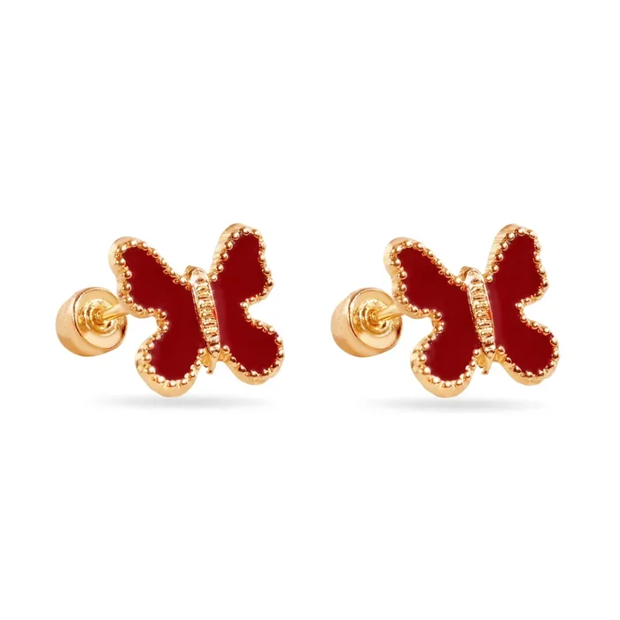 14E00449-RED – Pendientes de mariposa de esmalte rojo de 14 quilates de 8 mm con cierre de rosca