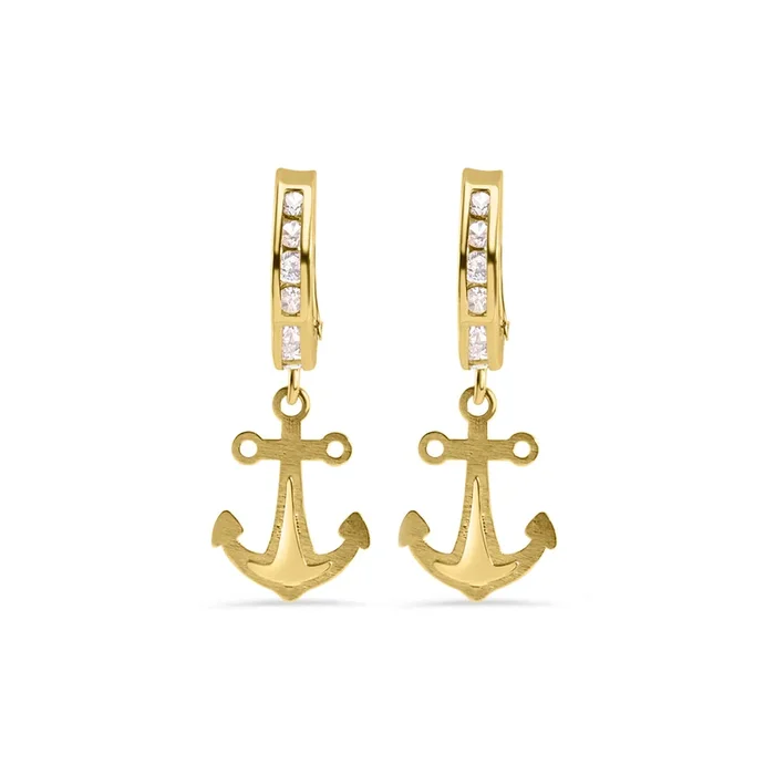 14E00451. – 14 Karat Yellow Gold 12.2mm Hoop Half Studded Clear CZ Anchor Latch Box Earrings
