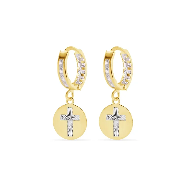 14E00454. – 14 Karat Yellow Gold 11.5mm Hoop Studded Clear CZ Diamond Cut Cross Latch Box Earrings