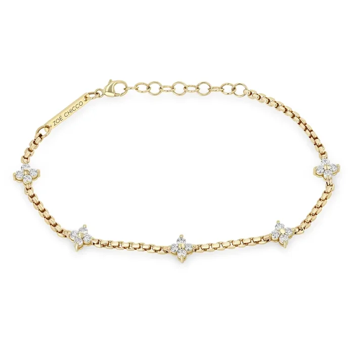 14k 5 Prong Diamond Quad Station Box Chain Bracelet