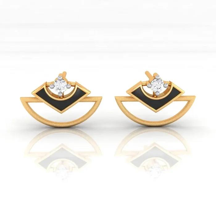 14k (585) Gold Earrings Geometric Studs With Black Meena And Embedded Stones