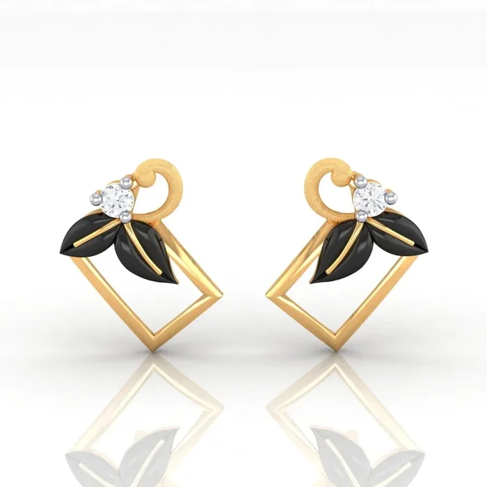 14k (585) Gold Earrings Square Floral Studs With Black Meena And Embedded Stones