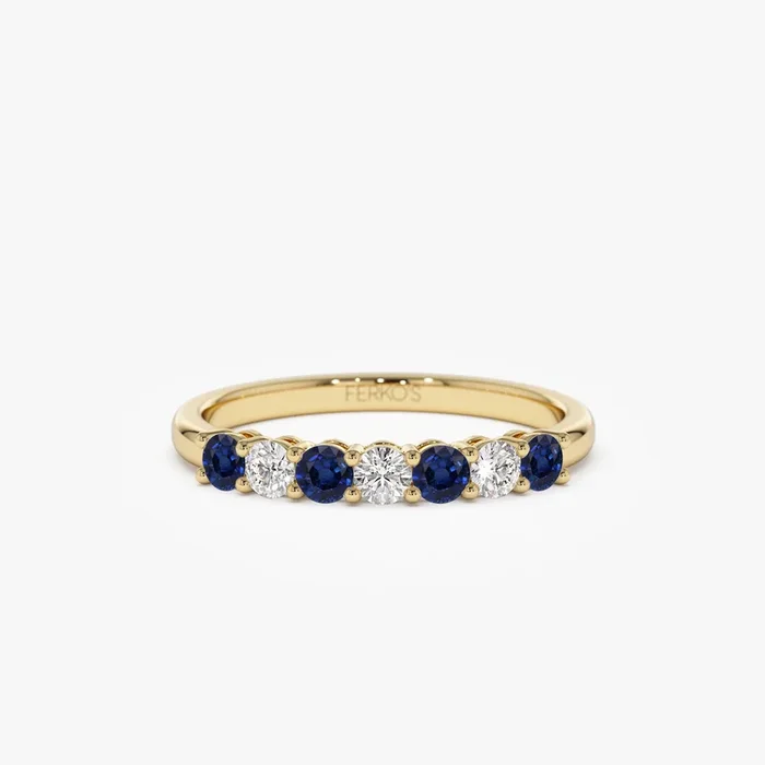 14k 7 Stone Basket Setting Diamond and Sapphire Wedding Ring