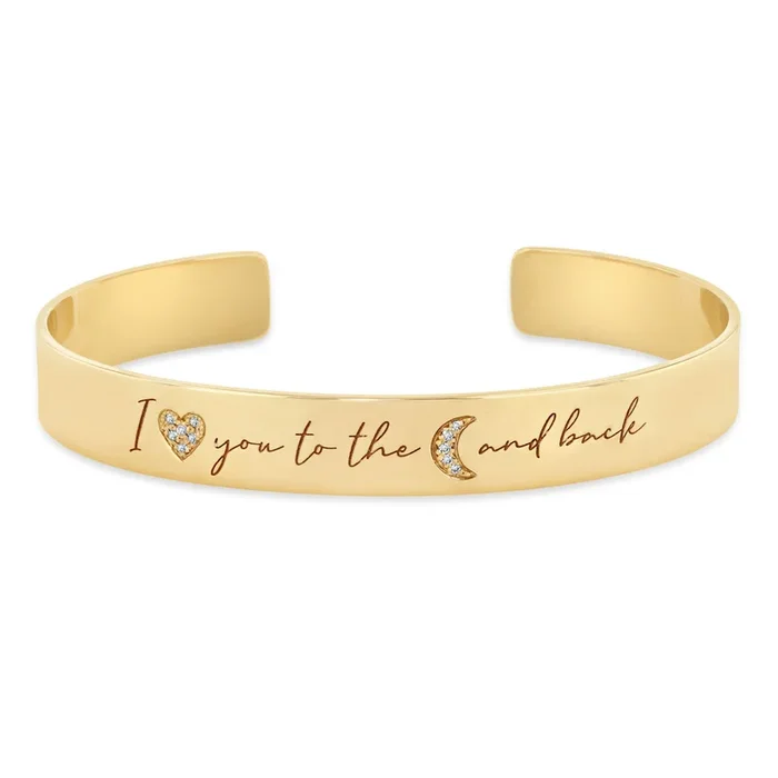 14k “I love you to the moon and back” Diamond Mantra Wide Cuff Bracelet