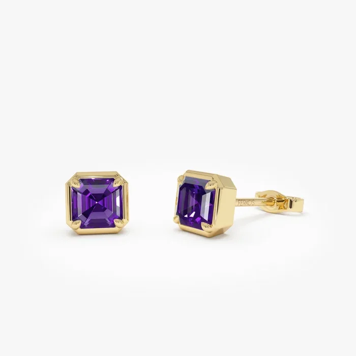 14K Asscher Cut Amethyst Stud Earrings