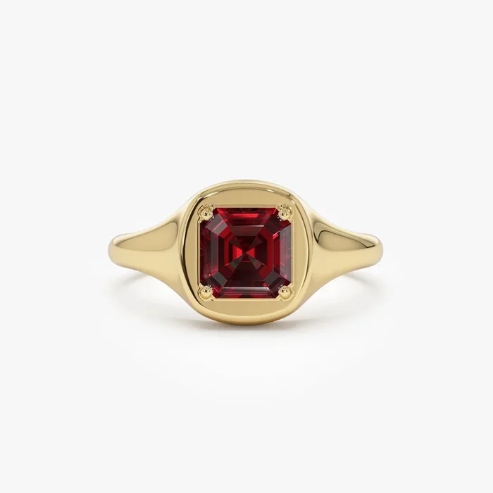 14K Asscher Cut Garnet Signet Ring