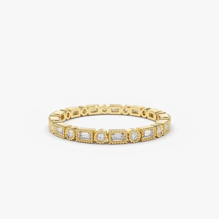 14K Baguette & Round Diamond Milgrain Bezel Full Eternity Ring
