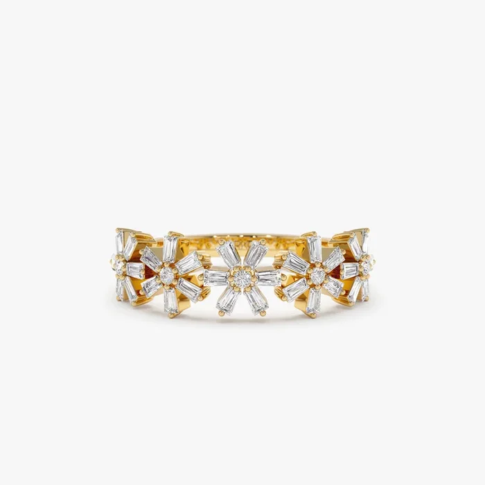 14K Baguette Diamond Multi Flower Design Ring