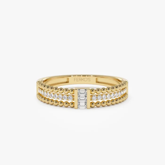 14k Beaded Baguette and Round Diamond Ring