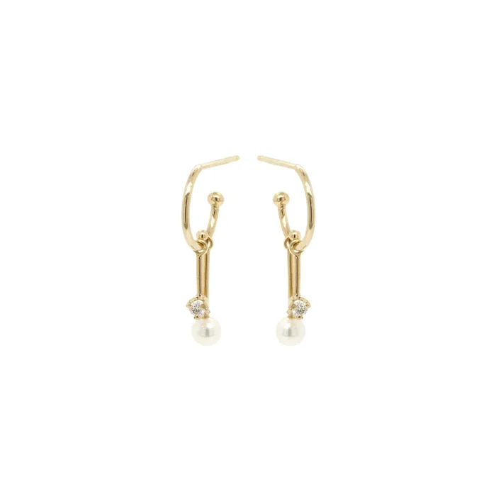 14k Dangling Diamond & Tiny Pearl Bar Thin Huggie Hoops
