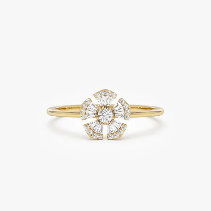 14k Diamond Floral Baguette Ring
