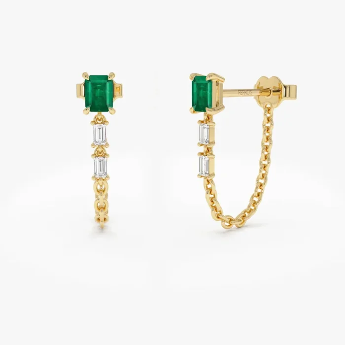14k Emerald Cut Drop Linked Earrings