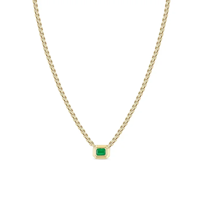 14k Emerald Cut Emerald Bezel Medium Box Chain Necklace