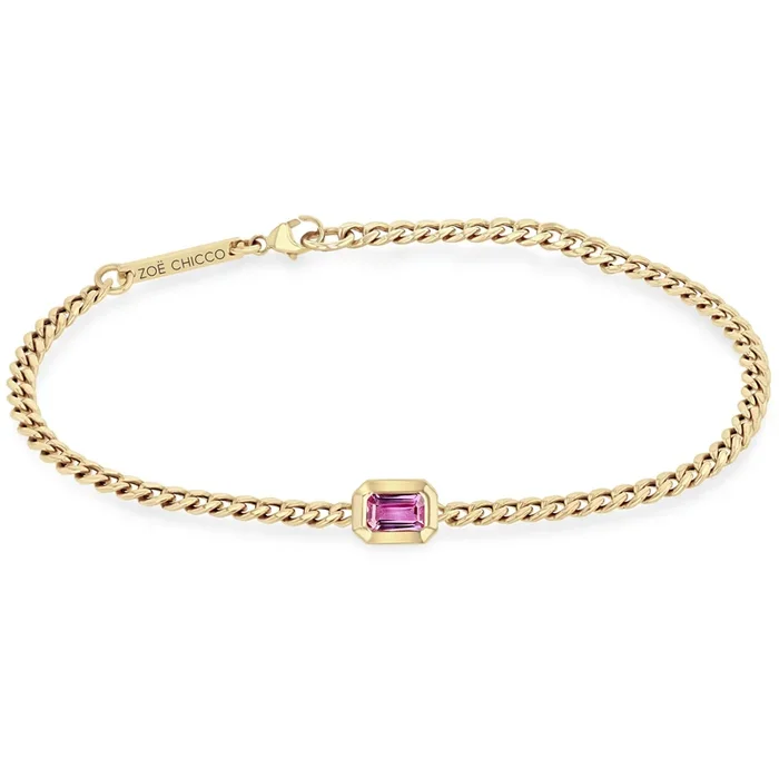 14k Emerald Cut Pink Saphhire Small Curb Chain Bracelet