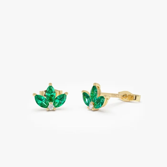 14k Emerald Petal and Diamond Stud Earrings