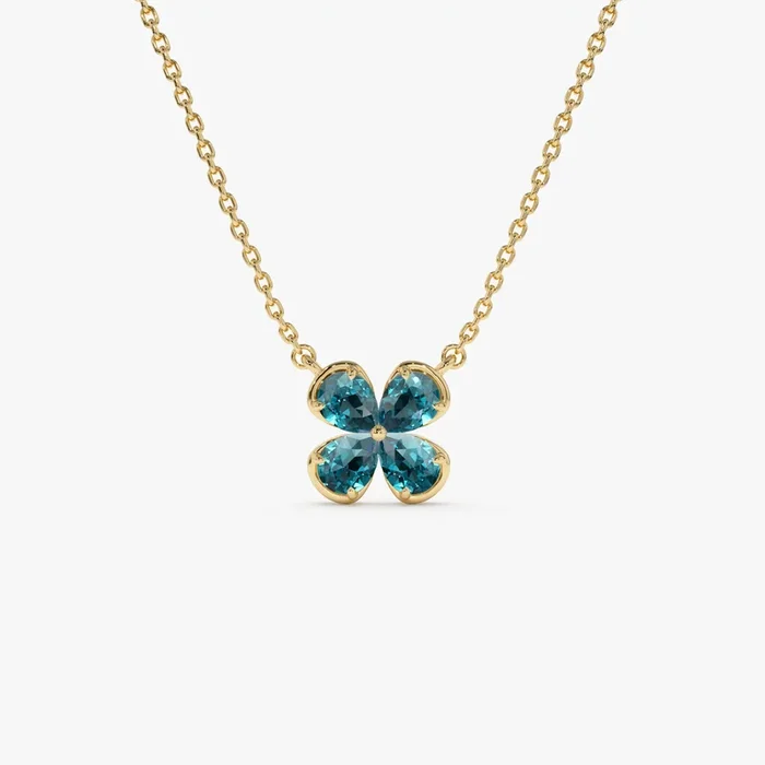 14K Four Leaf London Blue Topaz Clover Necklace