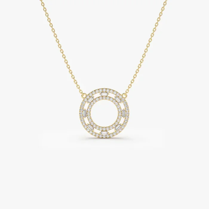 14k Full Circle Baguette & Round Diamond Necklace