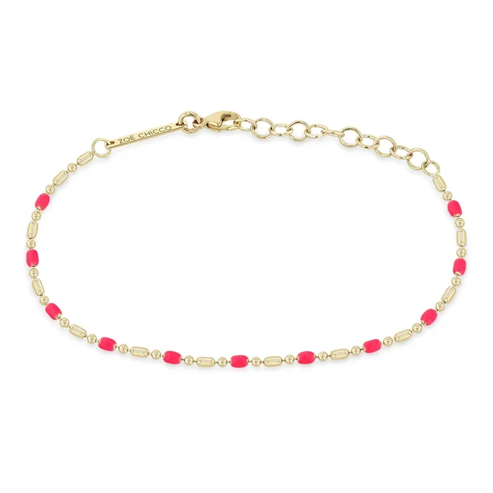 14k Gold & Neon Pink Enamel Tube Bar Chain Bracelet