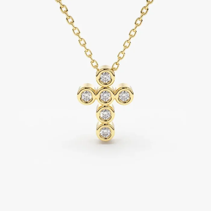 14K Gold 6 Stone Bezel Setting Diamond Cross Necklace