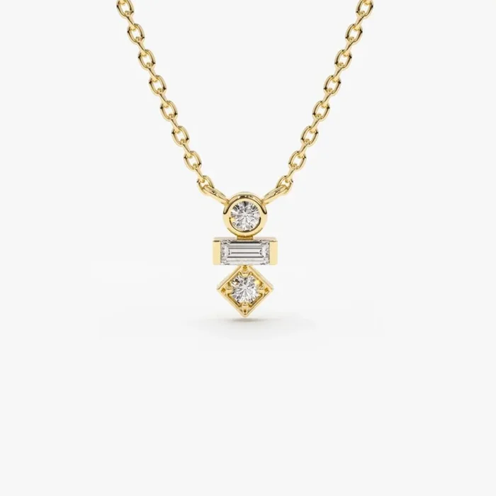 14K Gold Baguette and Round Cut Diamond Necklace