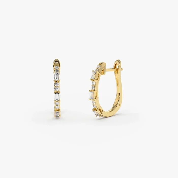 14K Gold Baguette And Round Diamond Earrings