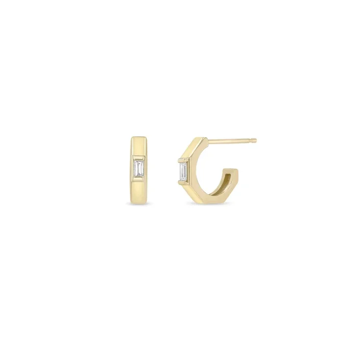 14k Gold Baguette Diamond Octagon Huggie Hoops