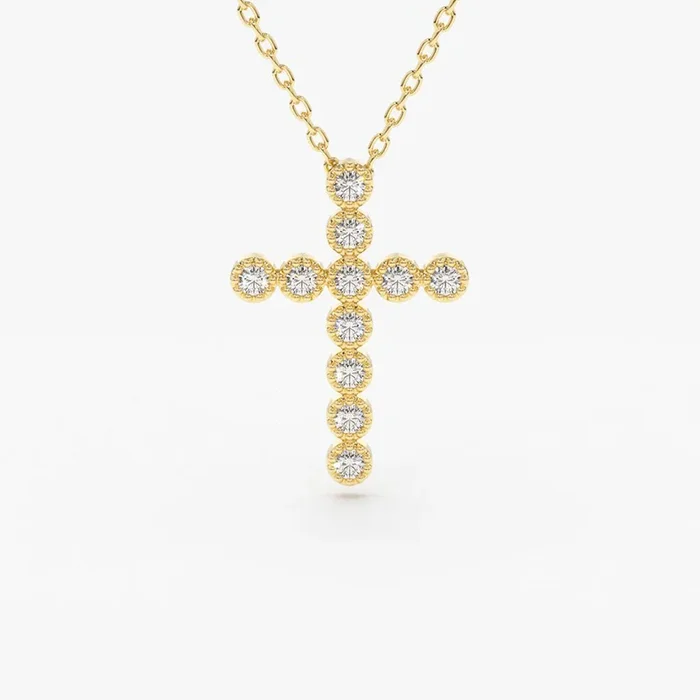 14K Gold Bezel Setting With Milgrain Diamond Cross Necklace