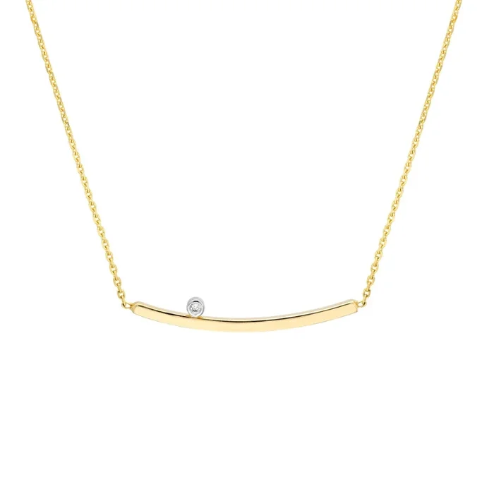 14k Gold Curved Bar Necklace with Single Diamond