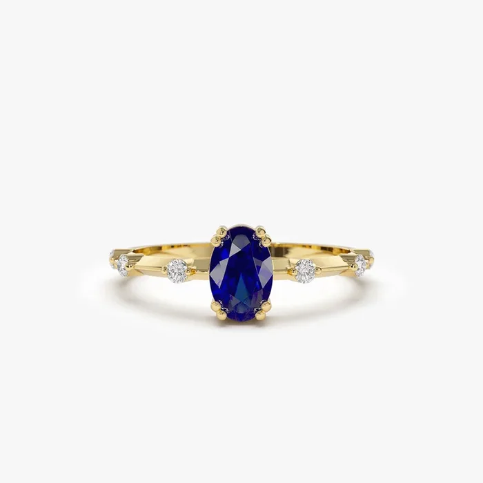 14k Gold Dainty Diamond Genuine Sapphire Ring