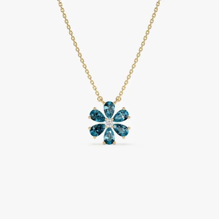 14K Gold London Blue Topaz Flower Necklace