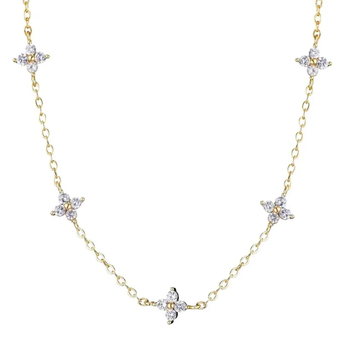 14k Gold Plated CZ Flower Station Necklace