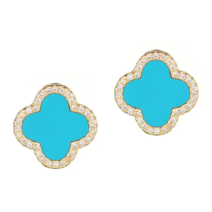 14k Gold Plated Turquoise Halo CZ Clover Stud Earrings