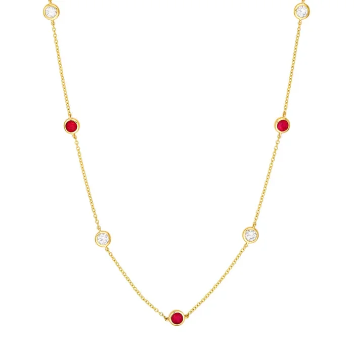 14k Gold Ruby and Diamond Station Necklace