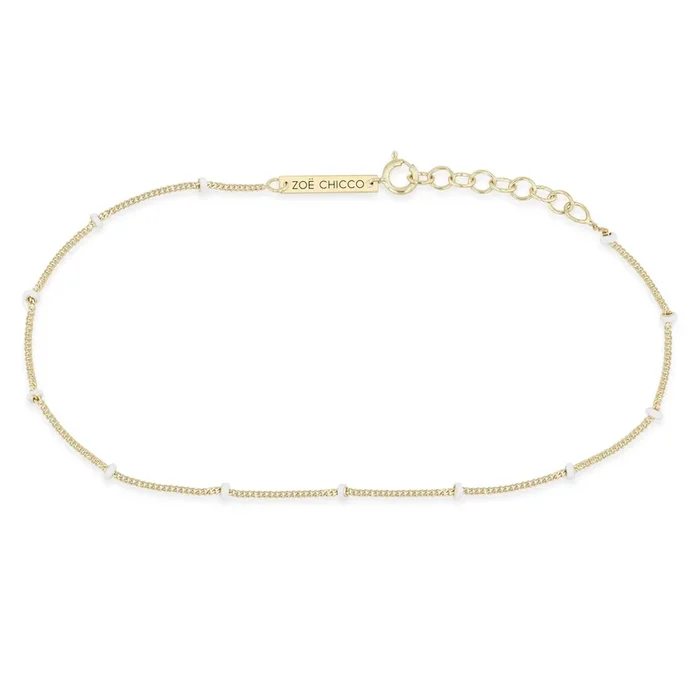14k Gold White Enamel Satellite Chain Anklet
