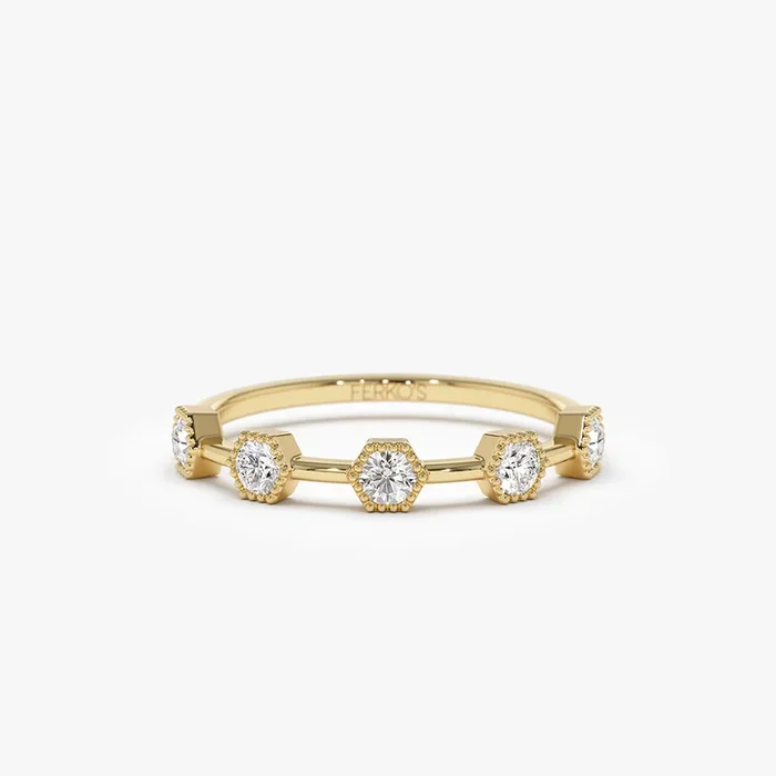 14k Hexagon Milgrain Setting Five Stone Diamond Ring