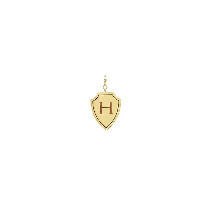 14k Initial Shield Charm Pendant on Spring Ring