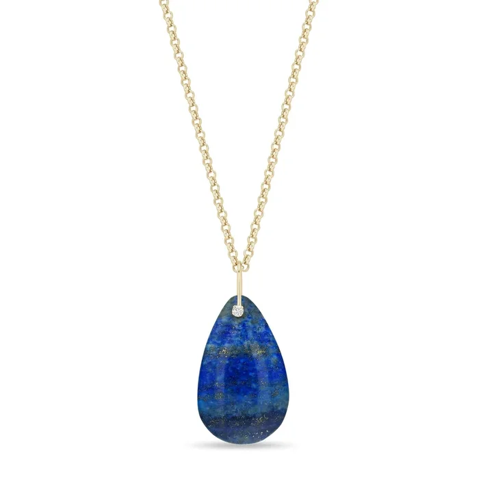 14k Large Lapis Teardrop & Diamond Pendant Small Rolo Chain Necklace