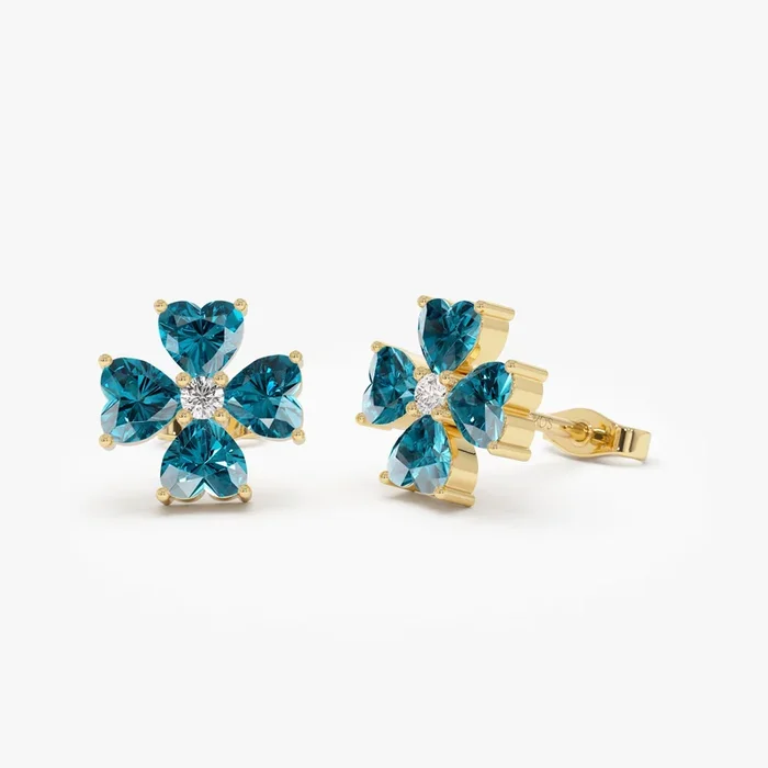 14k London Blue Topaz Four Leaf Clover Studs
