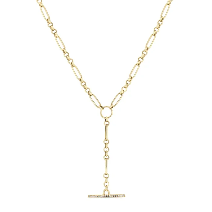 14k Medium Paperclip Rolo Chain Pavé Diamond Toggle Lariat Necklace