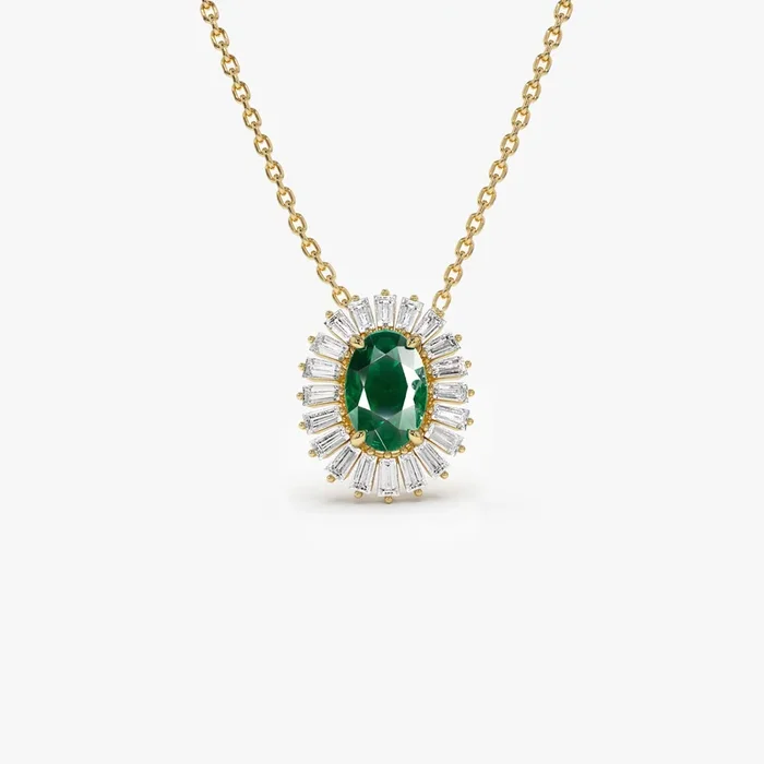 14k Oval Shape Emerald with Baguette Halo Setting Necklace