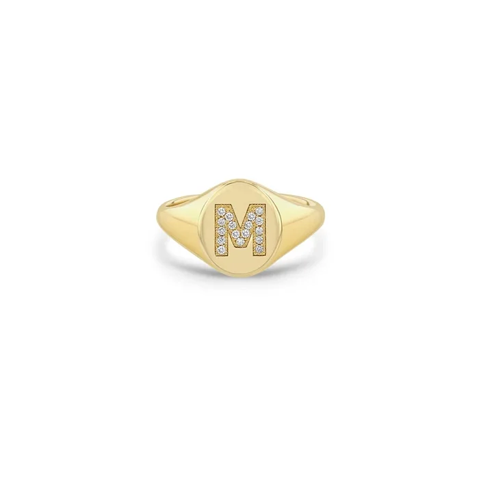 14k Pavé Diamond Initial Oval Signet Ring
