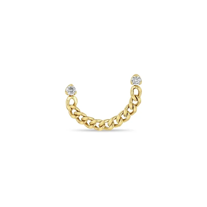 14k Prong Diamond Double Stud Small Curb Chain Earring