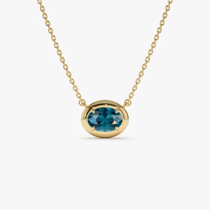 14K Prong Setting Oval Shaped London Blue Topaz Necklace