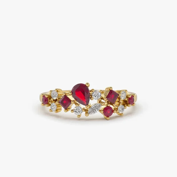 14k Ruby and Diamond Mixed Shape Cluster Ring