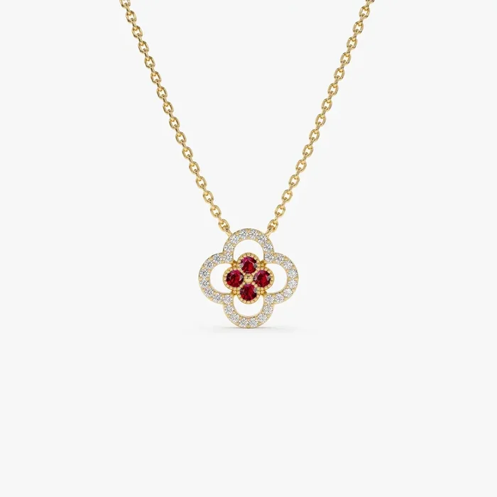 14k Ruby Clover Necklace in Halo Setting