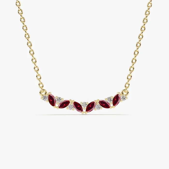 14K Slanted Ruby and Round Diamond Necklace
