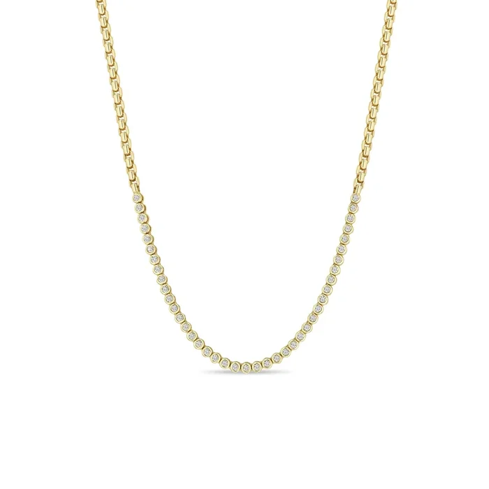 14k Small Diamond Bezel Tennis Segment Box Chain Necklace